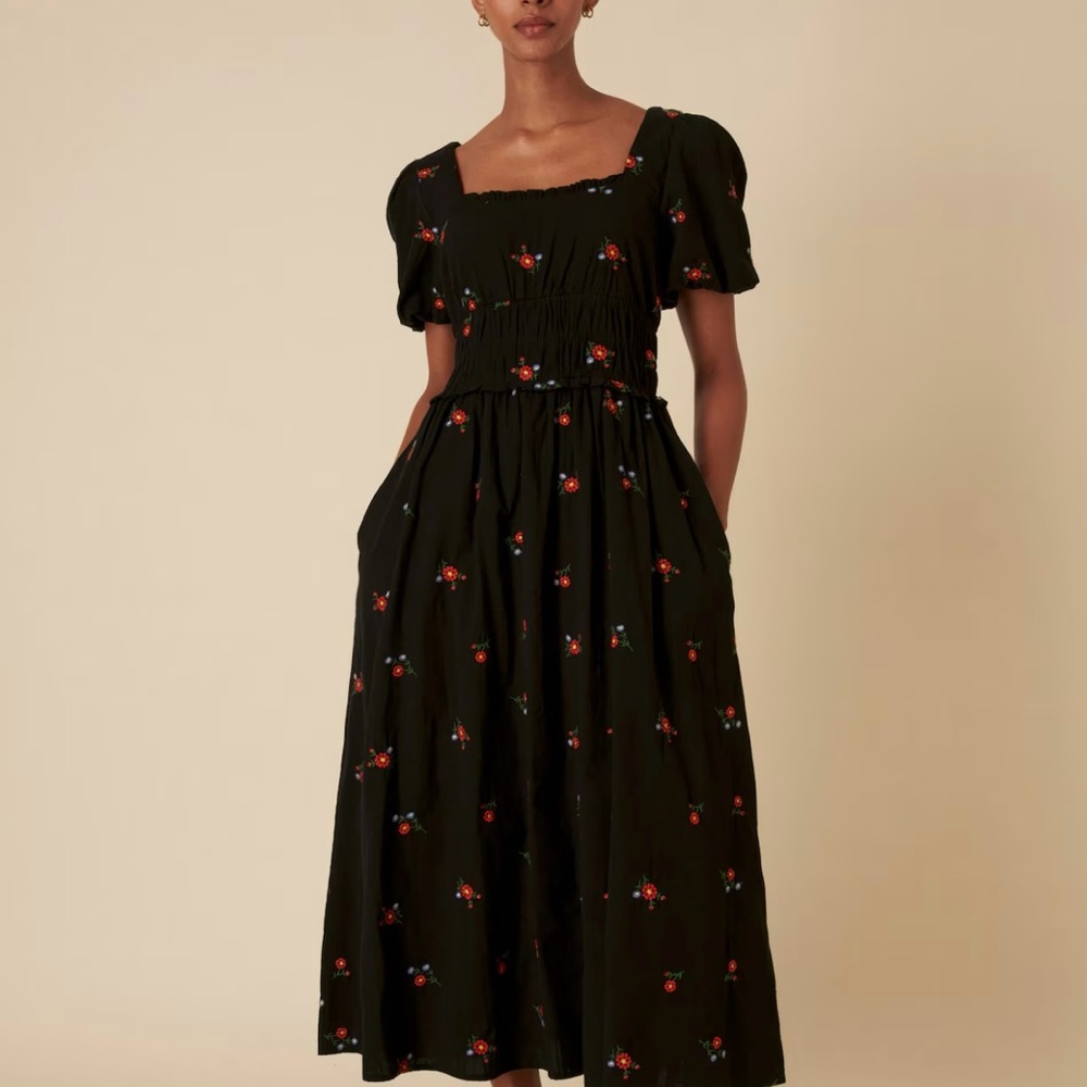 Nobody’s Child Black Floral Midi Dress with Puff Sleeves